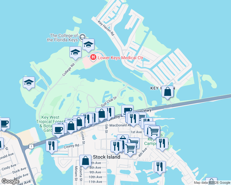 map of restaurants, bars, coffee shops, grocery stores, and more near 38 Merganser Lane in Key West