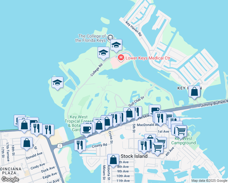 map of restaurants, bars, coffee shops, grocery stores, and more near 147 Golf Club Drive in Key West
