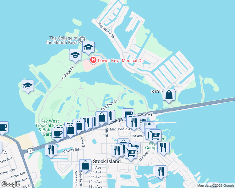 map of restaurants, bars, coffee shops, grocery stores, and more near 38 Merganser Lane in Key West