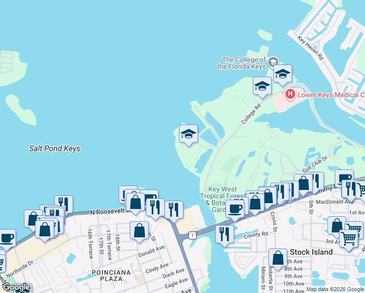 map of restaurants, bars, coffee shops, grocery stores, and more near 5403 College Road in Key West