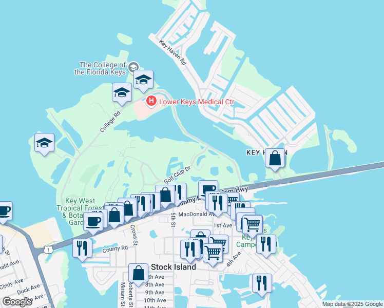 map of restaurants, bars, coffee shops, grocery stores, and more near 38 Merganser Lane in Key West