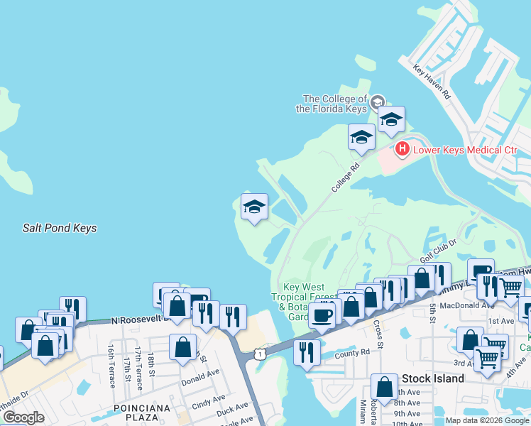 map of restaurants, bars, coffee shops, grocery stores, and more near 5403 College Road in Key West