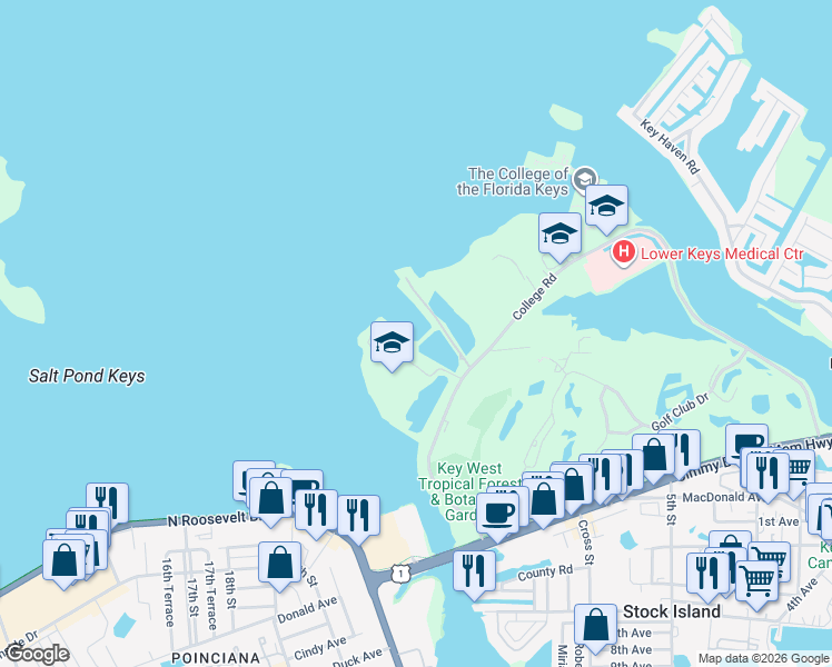 map of restaurants, bars, coffee shops, grocery stores, and more near 5601 College Road in Key West