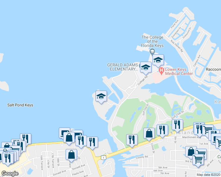 map of restaurants, bars, coffee shops, grocery stores, and more near 5601 College Road in Key West