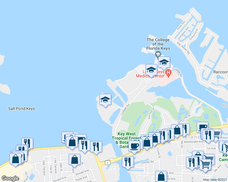 map of restaurants, bars, coffee shops, grocery stores, and more near 5601 College Road in Key West