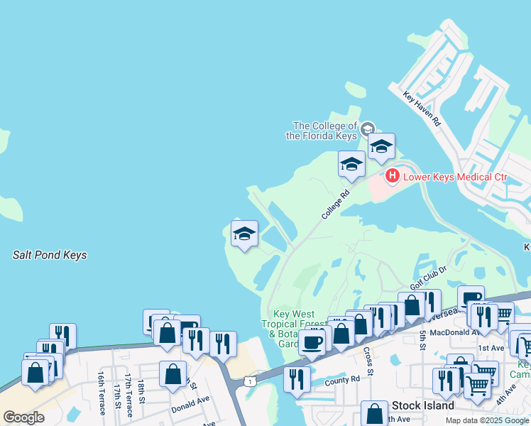 map of restaurants, bars, coffee shops, grocery stores, and more near 5601 College Road in Key West