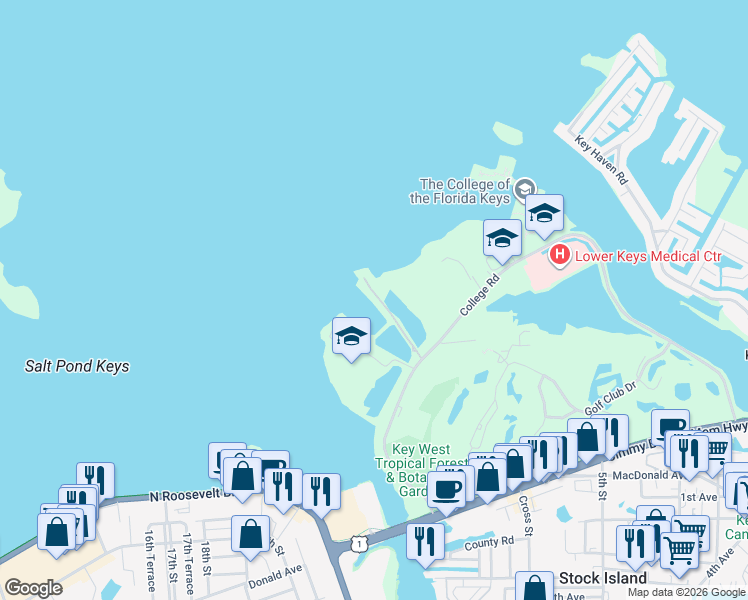 map of restaurants, bars, coffee shops, grocery stores, and more near 5601 College Road in Key West