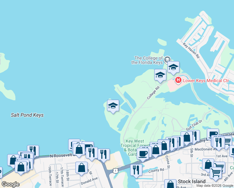 map of restaurants, bars, coffee shops, grocery stores, and more near Sunset Marina Rd in Key West