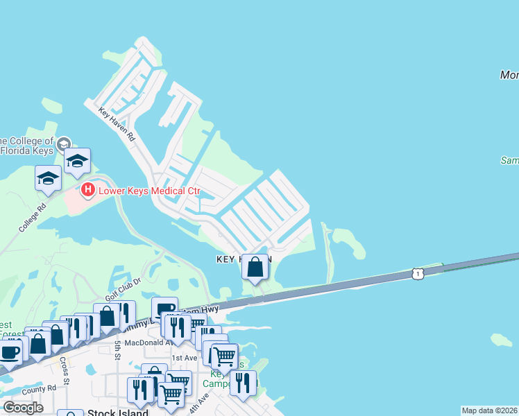 map of restaurants, bars, coffee shops, grocery stores, and more near 17 Azalea Drive in Key West