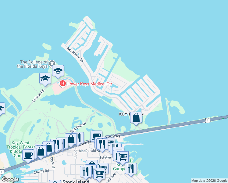 map of restaurants, bars, coffee shops, grocery stores, and more near 16 Bamboo Terrace in Key West