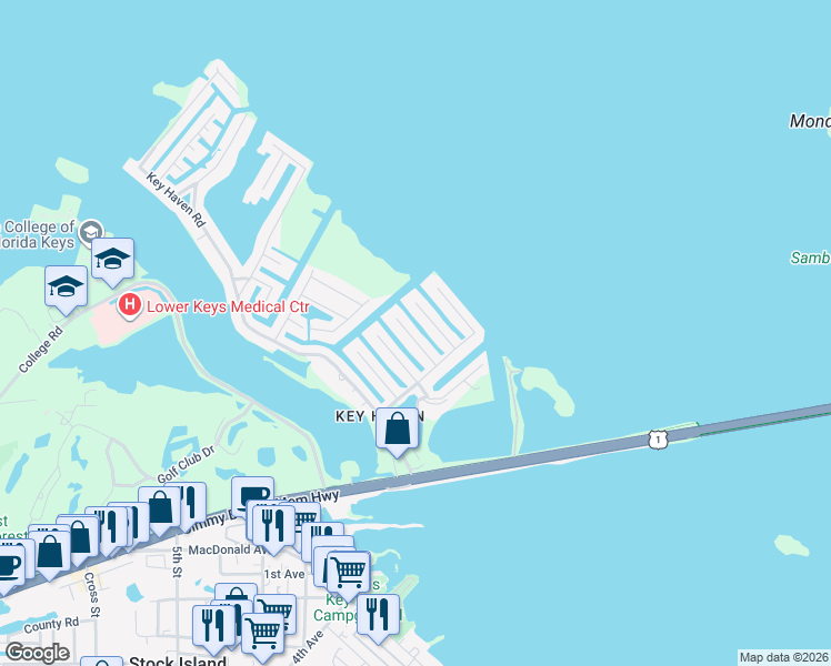 map of restaurants, bars, coffee shops, grocery stores, and more near 17 Azalea Drive in Key West