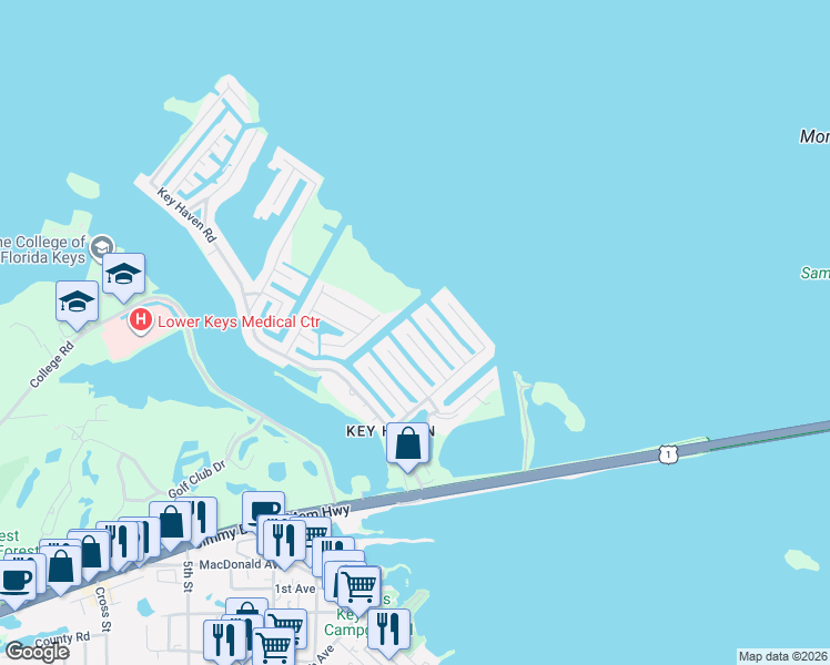 map of restaurants, bars, coffee shops, grocery stores, and more near 17 Azalea Drive in Key West
