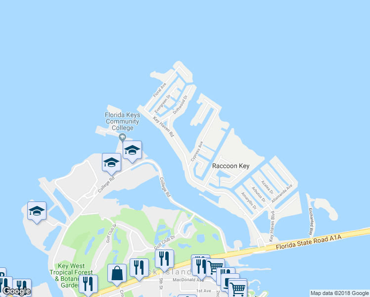 map of restaurants, bars, coffee shops, grocery stores, and more near 204 Key Haven Road in Key West