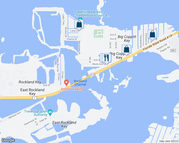 map of restaurants, bars, coffee shops, grocery stores, and more near 102 Coppitt Road in Key West