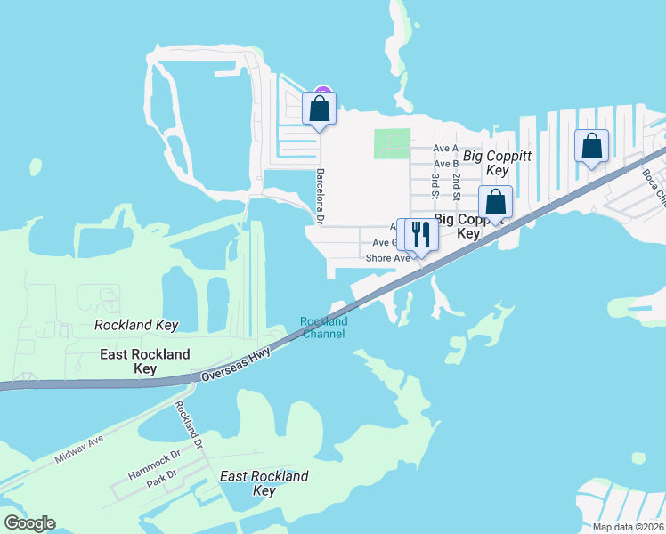 map of restaurants, bars, coffee shops, grocery stores, and more near 102 Coppitt Road in Key West