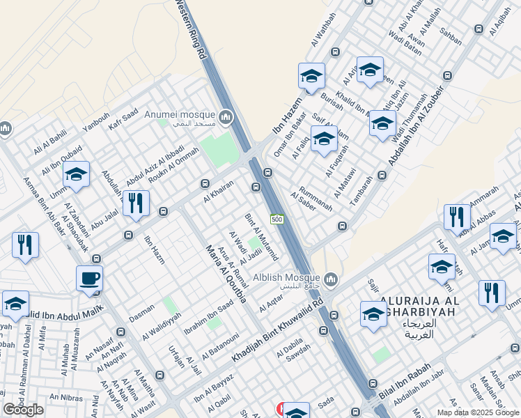 map of restaurants, bars, coffee shops, grocery stores, and more near Western Ring Branch Road in Riyadh