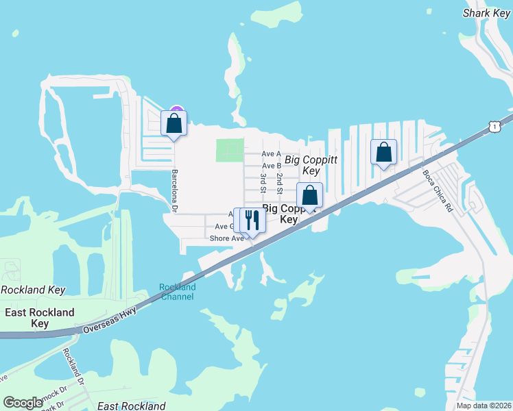 map of restaurants, bars, coffee shops, grocery stores, and more near 400 Avenue East in Key West
