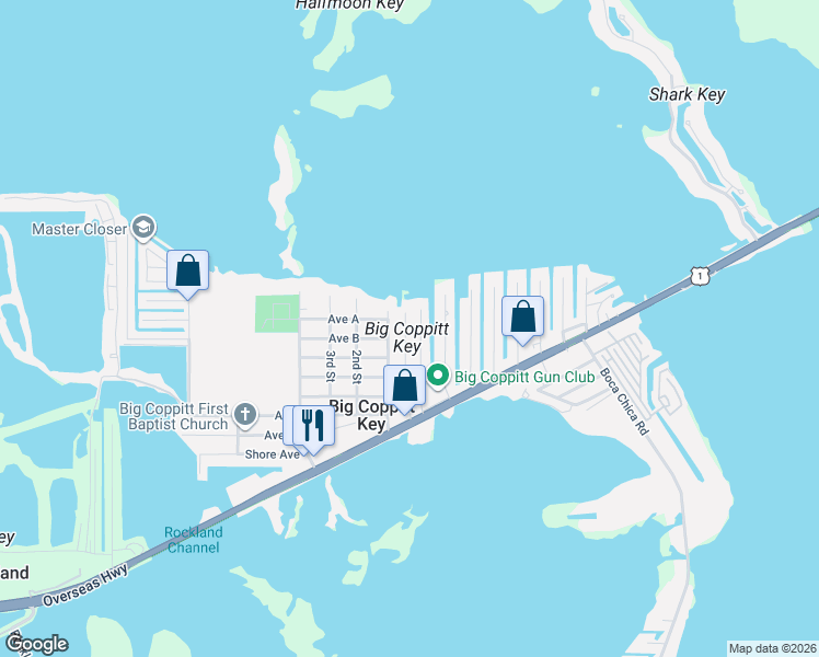 map of restaurants, bars, coffee shops, grocery stores, and more near in Big Coppitt Key