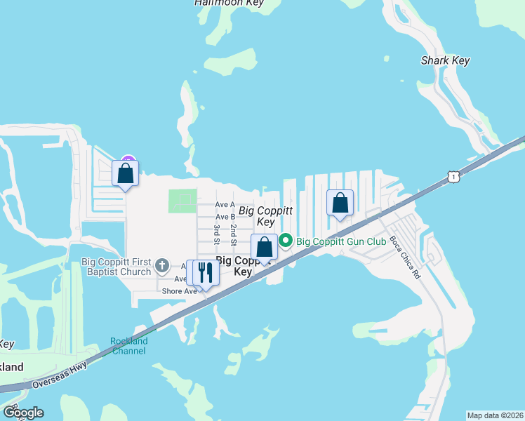 map of restaurants, bars, coffee shops, grocery stores, and more near in Big Coppitt Key