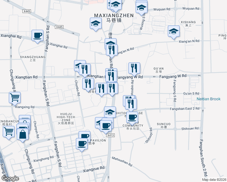 map of restaurants, bars, coffee shops, grocery stores, and more near Xiang Nan Lu in Xia Men Shi