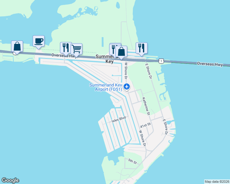 map of restaurants, bars, coffee shops, grocery stores, and more near 617 Caribbean Drive East in Summerland Key