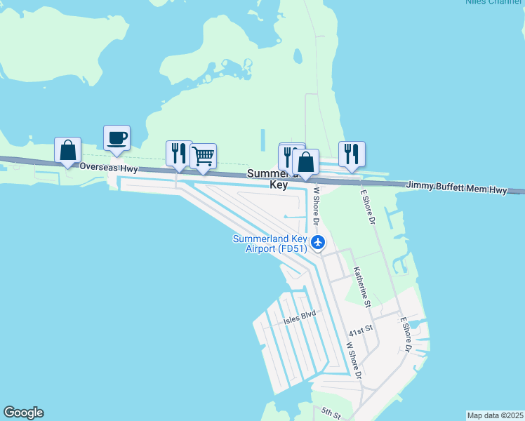 map of restaurants, bars, coffee shops, grocery stores, and more near 237 Airport Drive North in Summerland Key