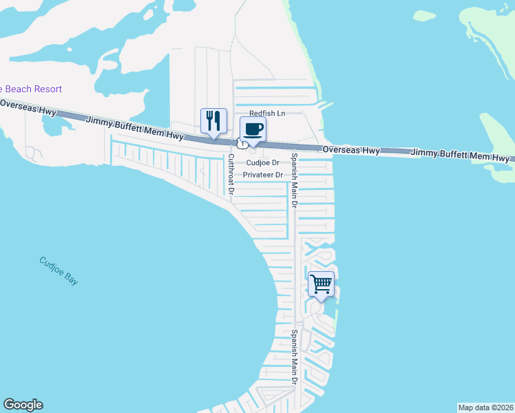 map of restaurants, bars, coffee shops, grocery stores, and more near 22861 Buccaneer Lane in Cudjoe Key
