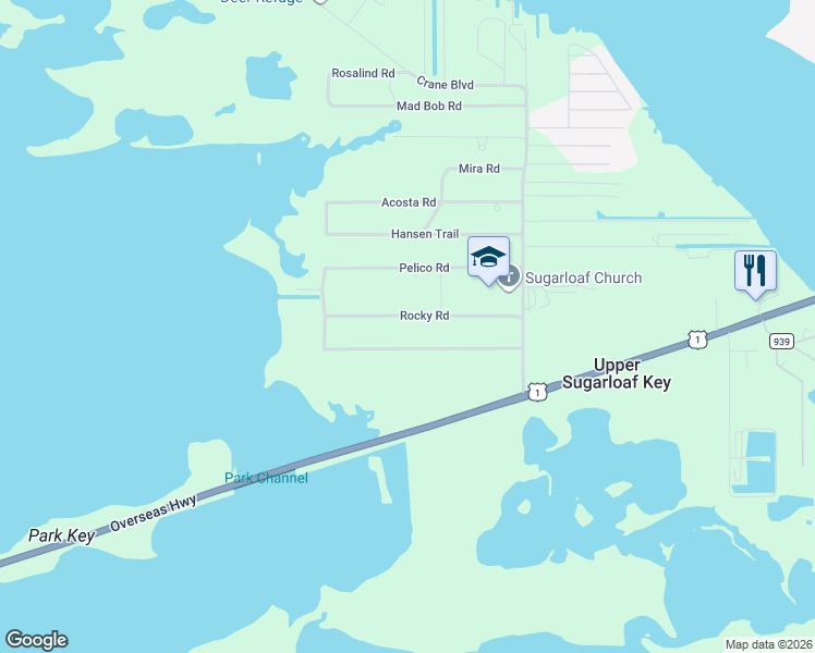 map of restaurants, bars, coffee shops, grocery stores, and more near 18850-18870 Rocky Road in Summerland Key