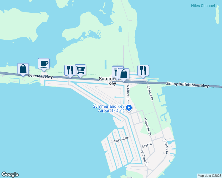map of restaurants, bars, coffee shops, grocery stores, and more near 237 Airport Drive North in Summerland Key