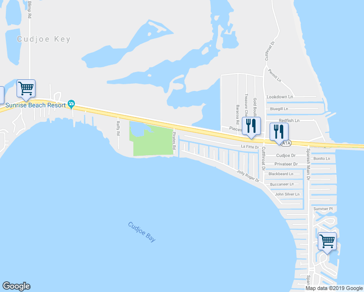map of restaurants, bars, coffee shops, grocery stores, and more near 160 Arica Lane in Cudjoe Key