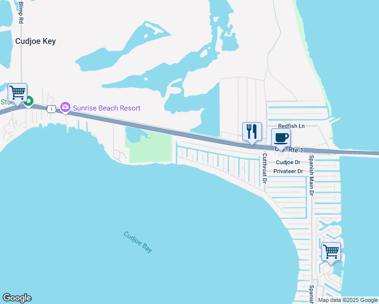 map of restaurants, bars, coffee shops, grocery stores, and more near 160 Arica Lane in Cudjoe Key
