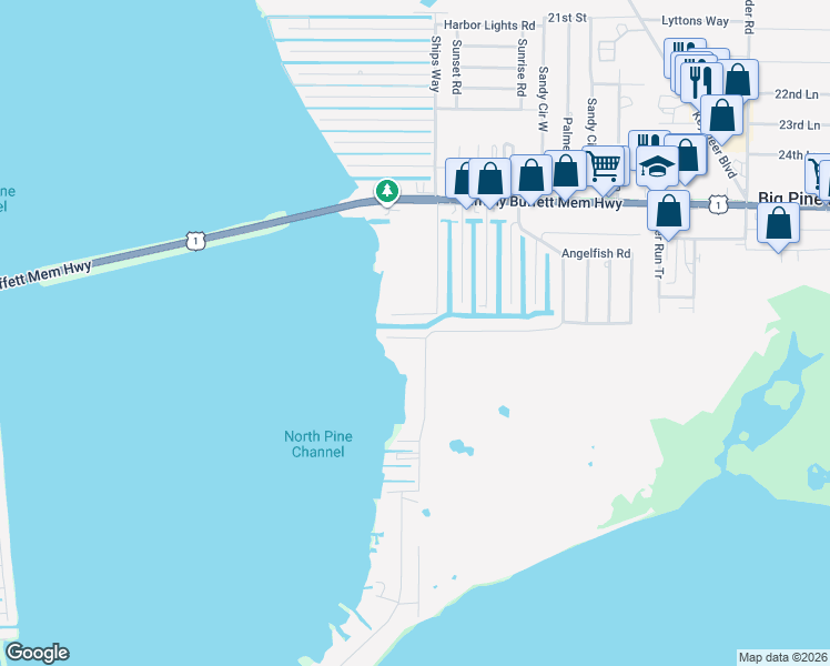 map of restaurants, bars, coffee shops, grocery stores, and more near 29653 New Sound Harbor Drive in Big Pine Key