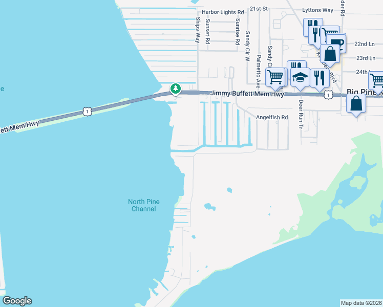 map of restaurants, bars, coffee shops, grocery stores, and more near 29653 Coral Road in Big Pine Key