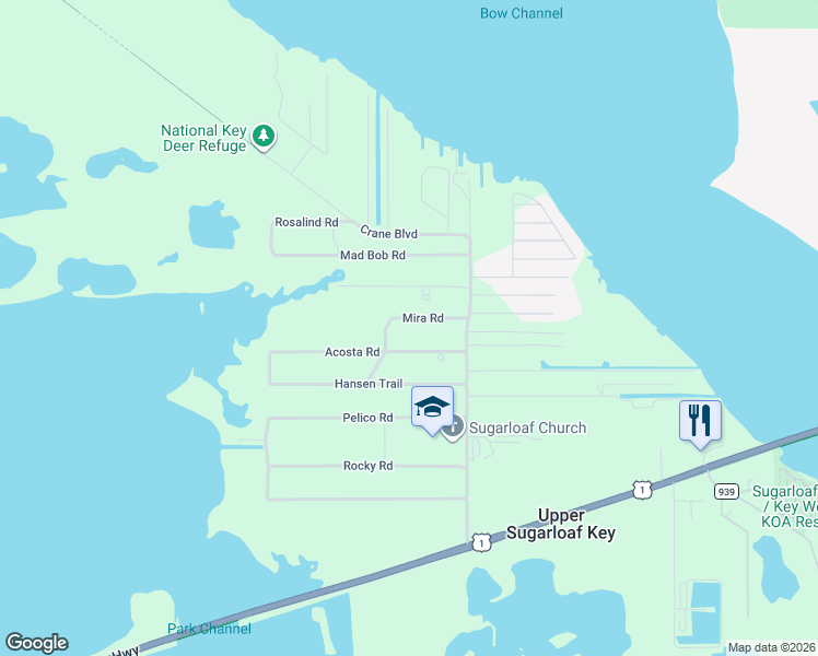 map of restaurants, bars, coffee shops, grocery stores, and more near 19344 Bad George Road in Summerland Key