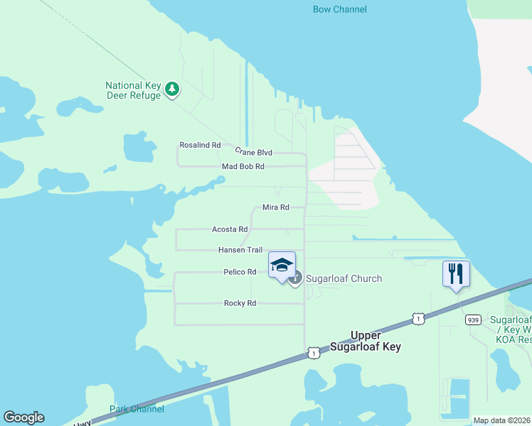 map of restaurants, bars, coffee shops, grocery stores, and more near 19344 Bad George Road in Summerland Key