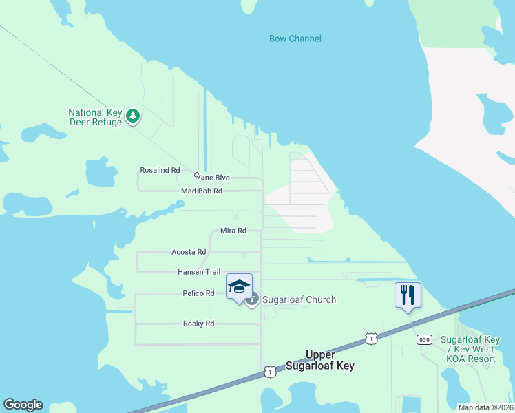 map of restaurants, bars, coffee shops, grocery stores, and more near 675 Crane Boulevard in Summerland Key