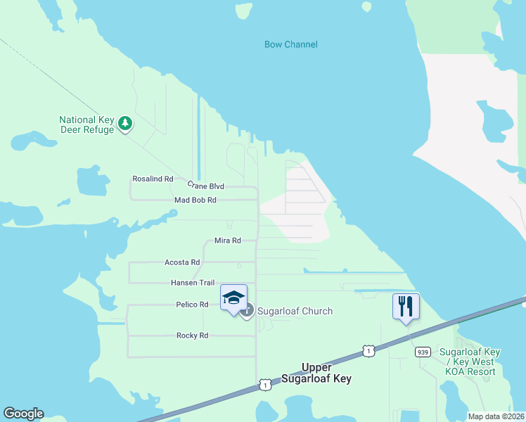 map of restaurants, bars, coffee shops, grocery stores, and more near 675 Crane Boulevard in Summerland Key