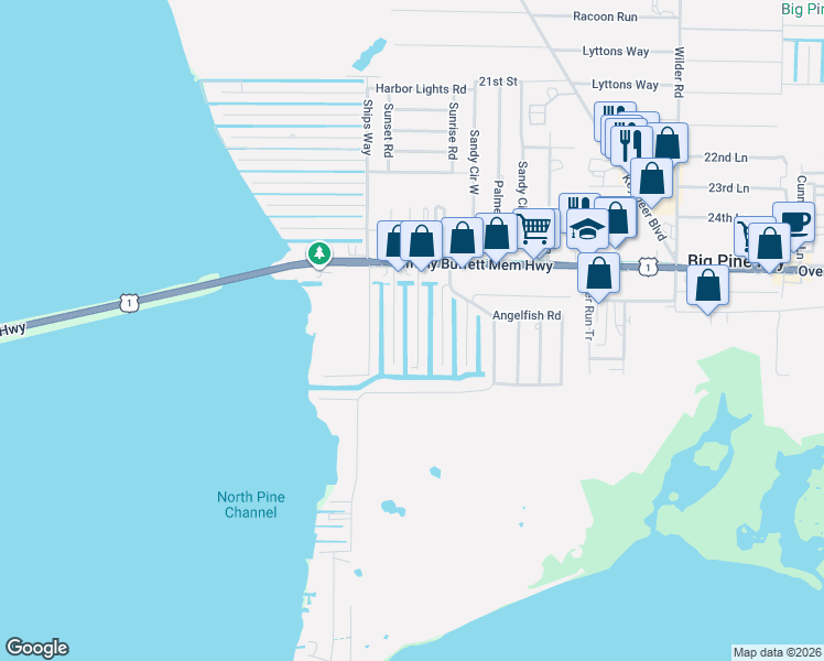 map of restaurants, bars, coffee shops, grocery stores, and more near 147 Lobstertail Road in Big Pine Key
