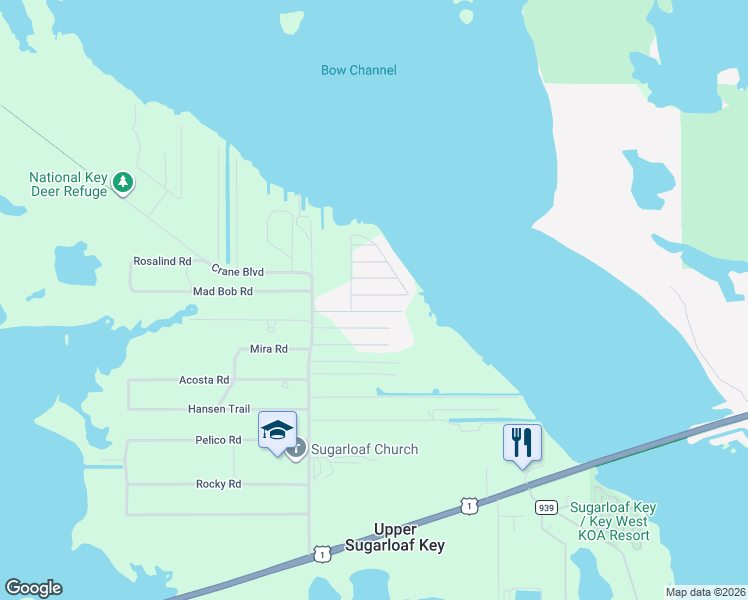 map of restaurants, bars, coffee shops, grocery stores, and more near 19552 Aztec Street in Summerland Key