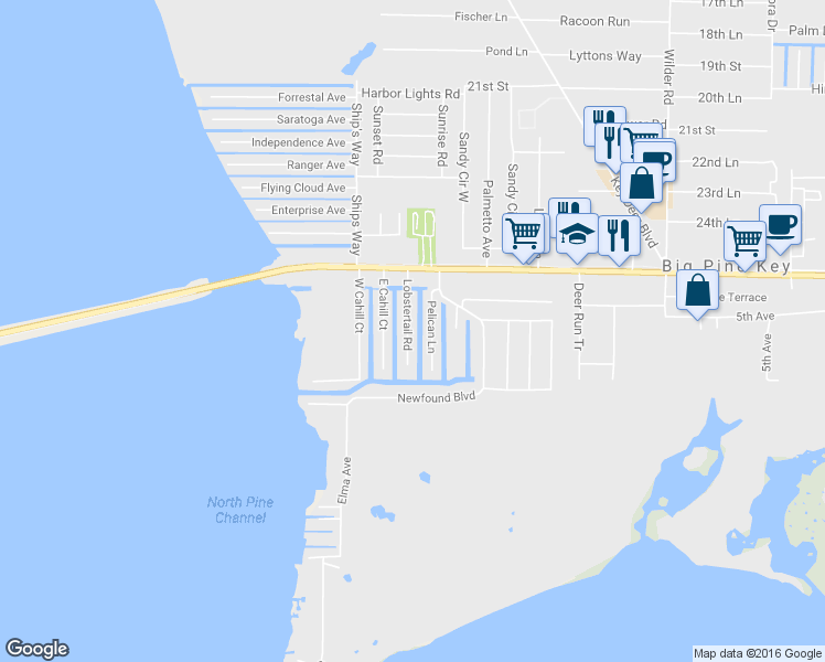 map of restaurants, bars, coffee shops, grocery stores, and more near 147 Lobstertail Road in Big Pine Key