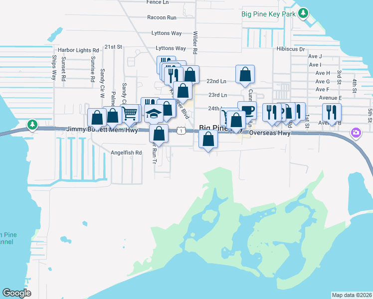 map of restaurants, bars, coffee shops, grocery stores, and more near 100 Chapman Street in Big Pine Key