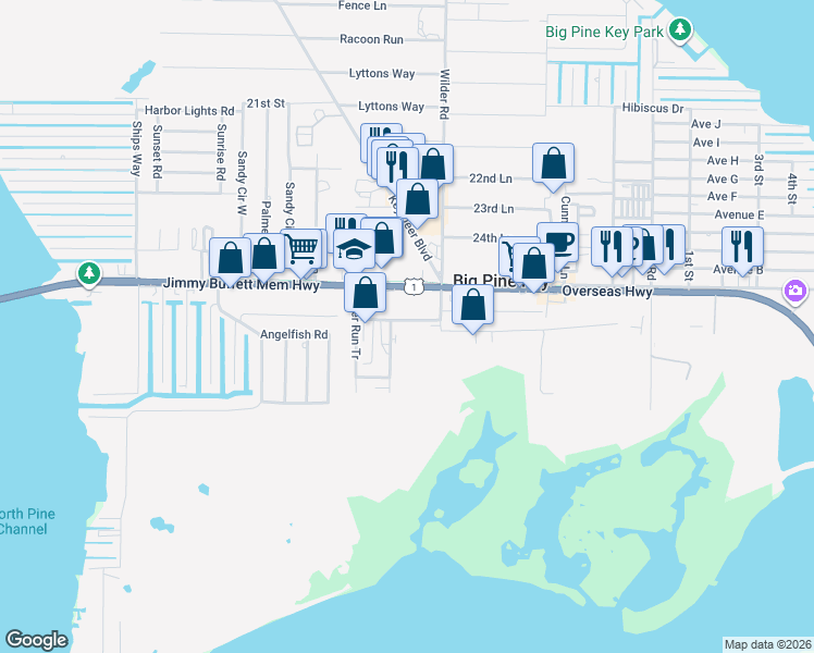 map of restaurants, bars, coffee shops, grocery stores, and more near 100 Chapman Street in Big Pine Key