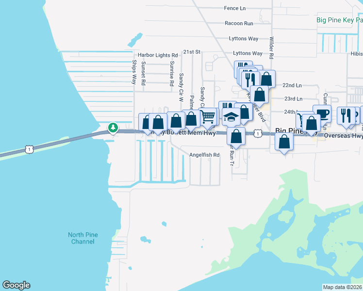 map of restaurants, bars, coffee shops, grocery stores, and more near 29941 Pine Channel Road in Big Pine Key