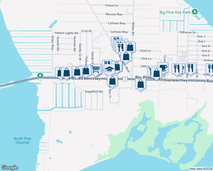 map of restaurants, bars, coffee shops, grocery stores, and more near 30220 Overseas Highway in Big Pine Key