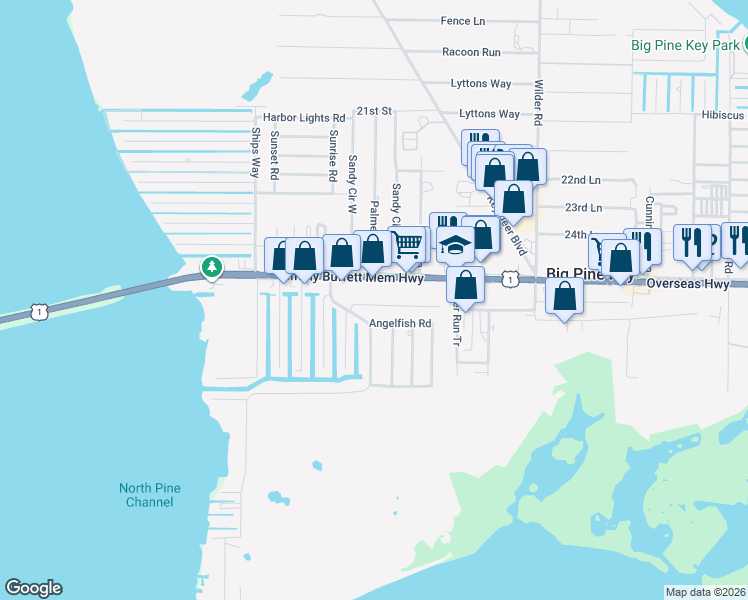 map of restaurants, bars, coffee shops, grocery stores, and more near 30046 Overseas Highway in Big Pine Key