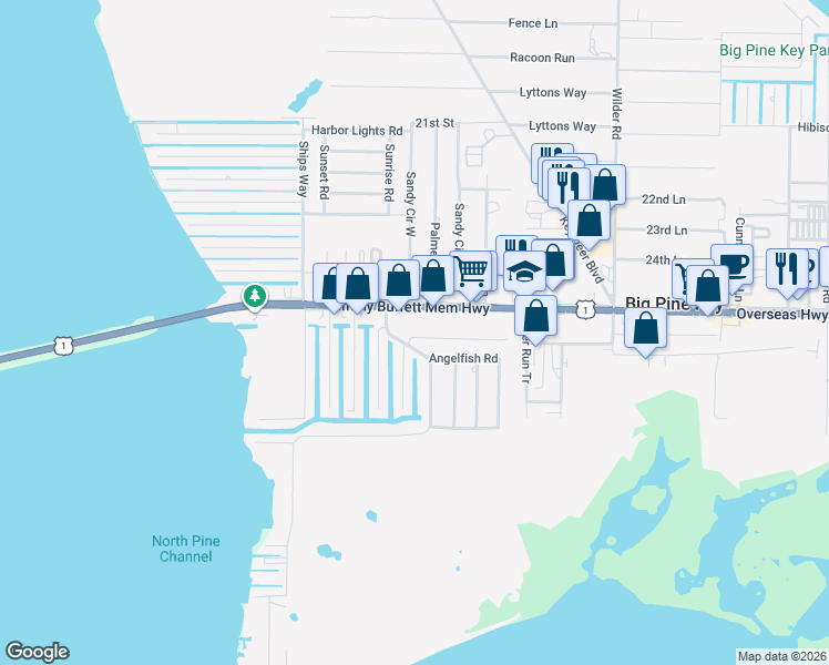 map of restaurants, bars, coffee shops, grocery stores, and more near 29941 Pine Channel Road in Big Pine Key