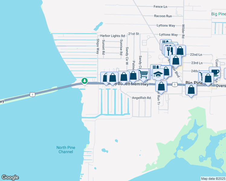 map of restaurants, bars, coffee shops, grocery stores, and more near 35 Lobstertail Road in Big Pine Key