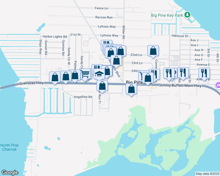 map of restaurants, bars, coffee shops, grocery stores, and more near 30300 Overseas Highway in Big Pine Key