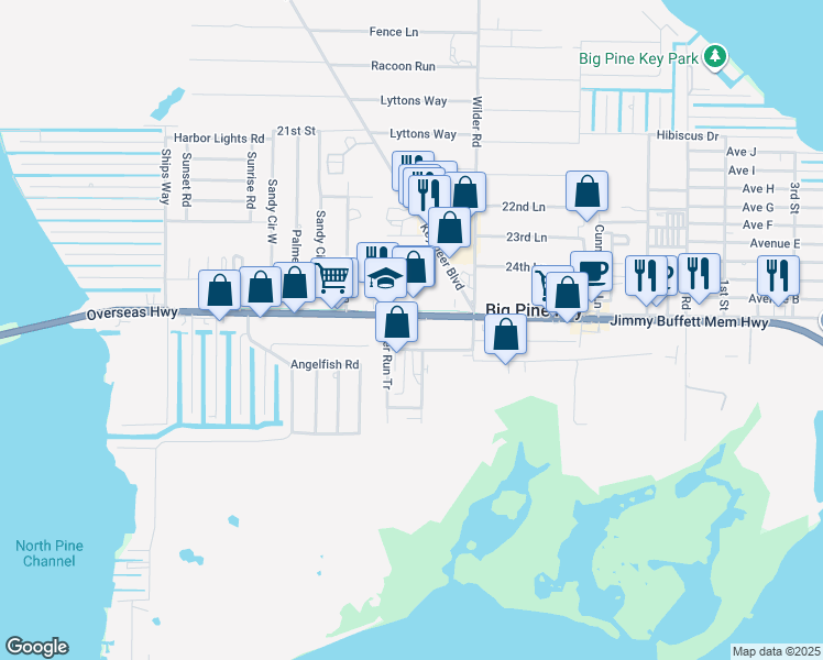 map of restaurants, bars, coffee shops, grocery stores, and more near 30300 Overseas Highway in Big Pine Key