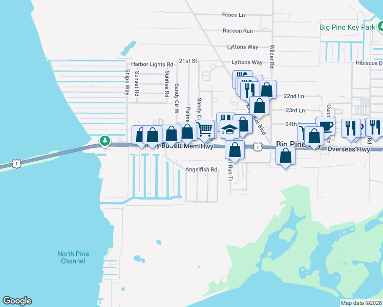map of restaurants, bars, coffee shops, grocery stores, and more near 30046 Overseas Highway in Big Pine Key